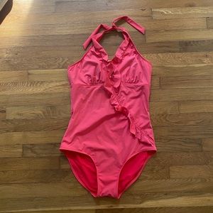 Spanx coral pink one piece swimsuit ruffle halter
